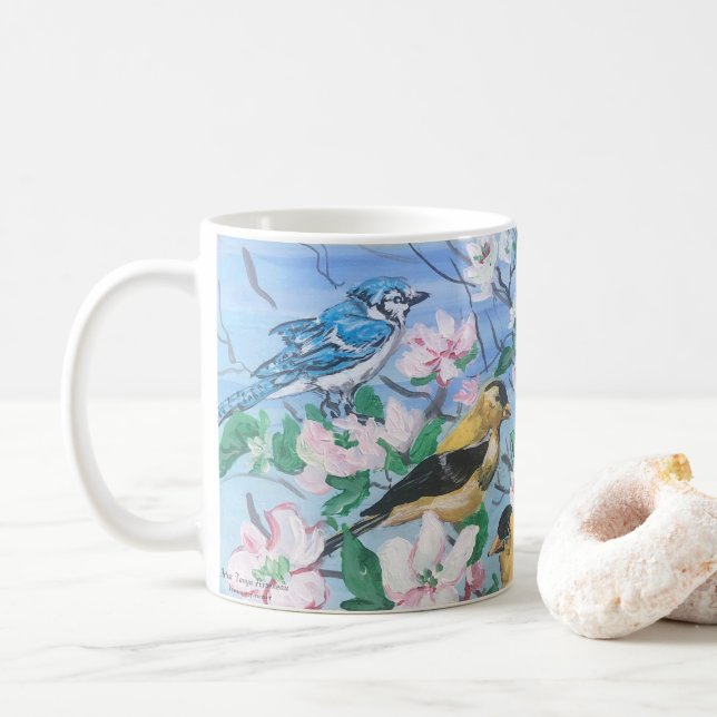 Birds in the Backyard Blue Jay Yellow finch Coffee Mug (With Donut)
