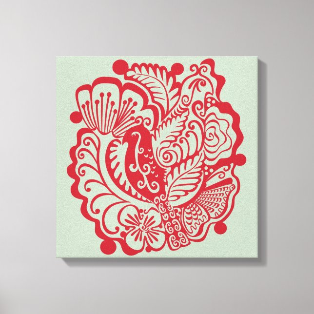 Birds in the Garden (Red on Sage) Canvas Print (Front)