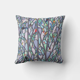 birds in the stained glass tree throw pillow