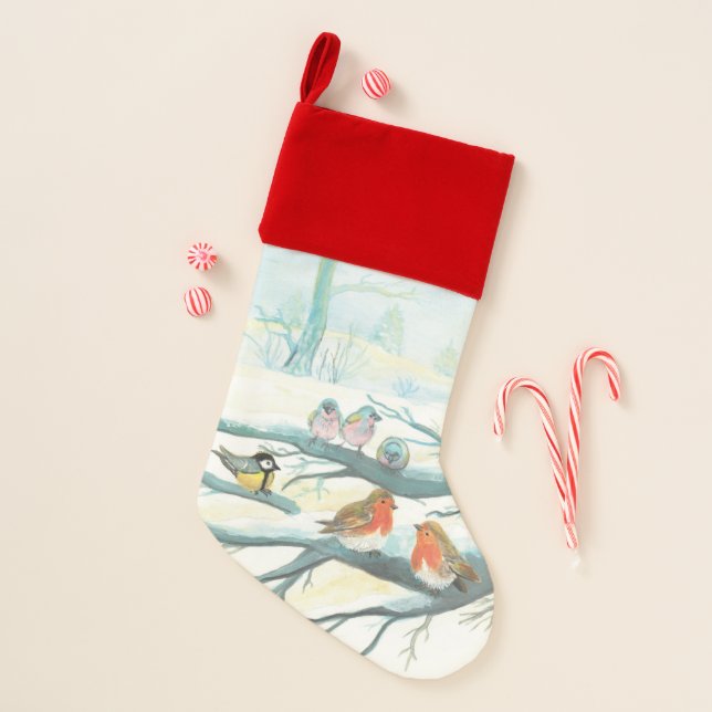 Birds in the white snow winter christmas stocking (Front)