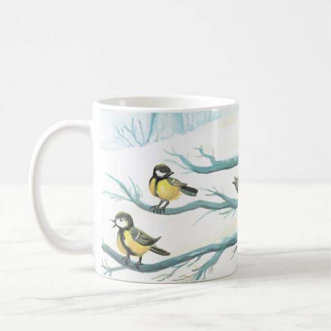 Birds in the white snow winter  coffee mug (Left)
