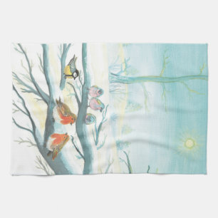 Birds in the white snow winter  kitchen towel