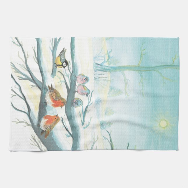Birds in the white snow winter  kitchen towel (Horizontal)