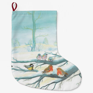 Birds in the white snow winter large christmas stocking