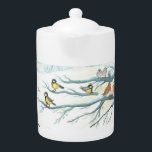 Birds in the white snow winter teapot<br><div class="desc">Winter birds in a snowy forest on a cold sunny day. Tit birds,  Robin redbreasts and Common chaffinch - Picture book Illustration.</div>