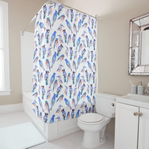 Birds in tints and shades of blue_bird lovers shower curtain