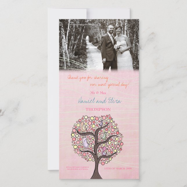 Birds in Tree Pink Thank You Wedding Photo Card (Front)