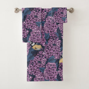 Birds in violet lilac garden bath towel set
