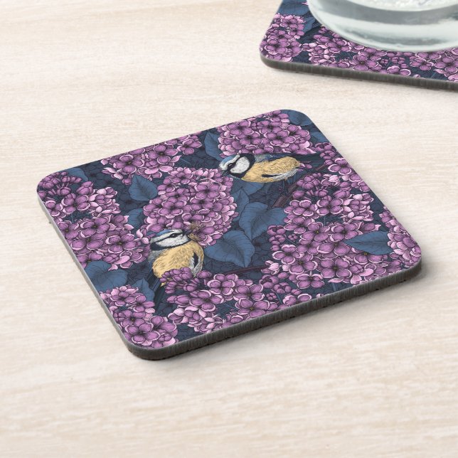 Birds in violet lilac garden beverage coaster (Left Side)