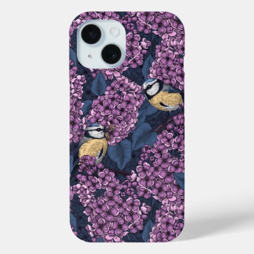 Birds in violet lilac garden iPhone 15 case