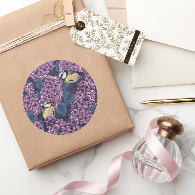 Birds in violet lilac garden classic round sticker (Gifting)