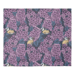 Birds in violet lilac garden duvet cover