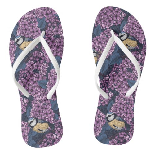 Birds in violet lilac garden flip flops