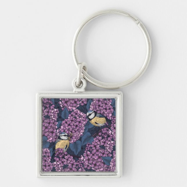 Birds in violet lilac garden keychain (Front)