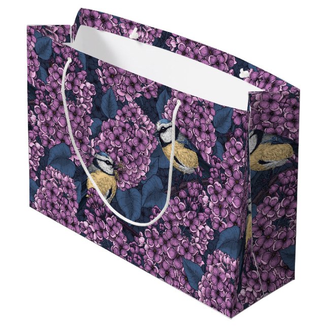 Birds in violet lilac garden large gift bag (Back Angled)