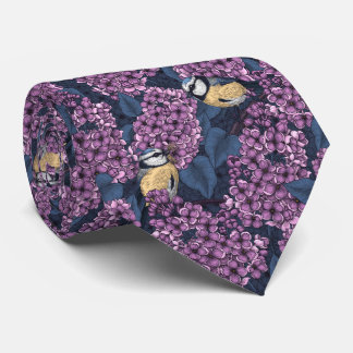 Birds in violet lilac garden neck tie