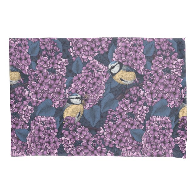 Birds in violet lilac garden pillow case (Front)