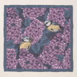 Birds in violet lilac garden scarf<br><div class="desc">Cute spring design with two blue tit birds perching on flowering lilac branches. Hand-  drawn in Illustrator seamless vector pattern.</div>
