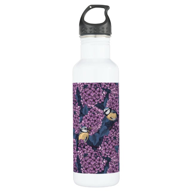 Birds in violet lilac garden stainless steel water bottle (Front)