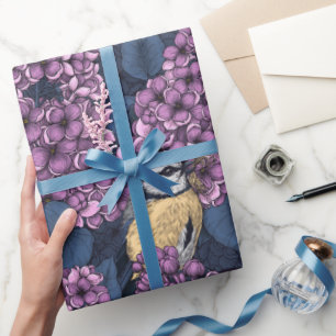 Birds in violet lilac garden wrapping paper