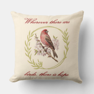 Birds Inspirational Quote, Bird Floral Wreath Throw Pillow