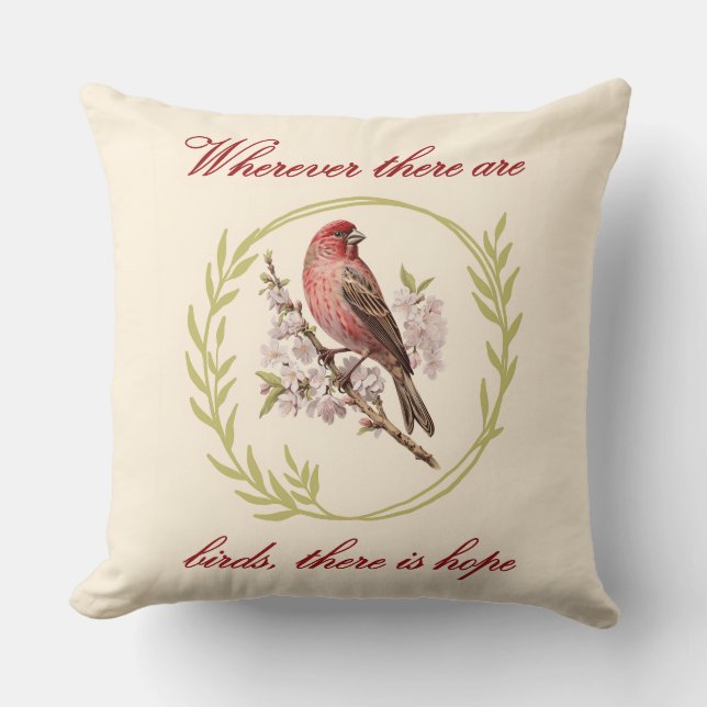 Birds Inspirational Quote, Bird Floral Wreath Throw Pillow (Front)