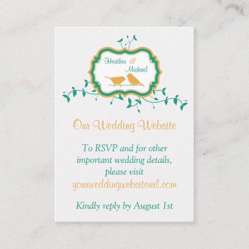 Customizable Birds Leaves Yellow Emerald Wedding Website Insert Business Card