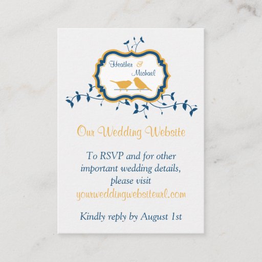 Customizable Birds Leaves Yellow Navy Wedding Website Insert Business Card Templates