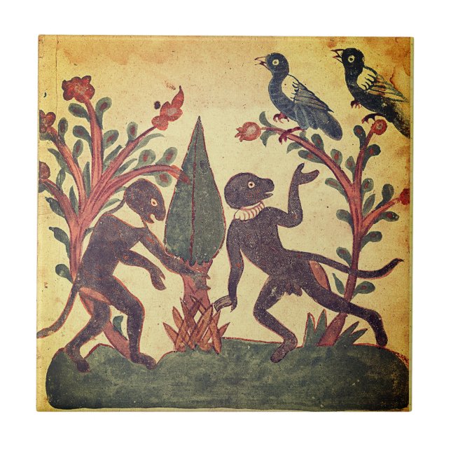 Birds Monkey Glow Worm Indian Renaissance Fable Ceramic Tile (Front)