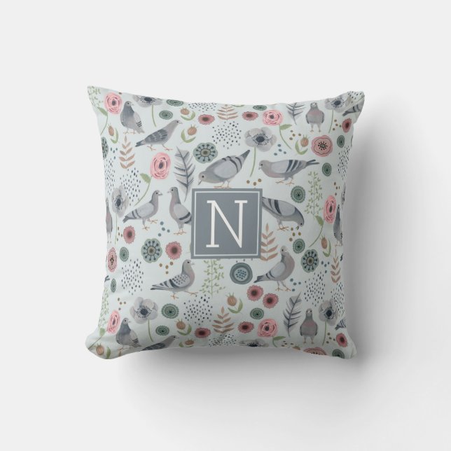 birds monogram light blue pigeon floral pattern throw pillow (Front)