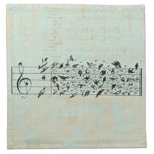 Birds  Music Staff Paper Vintage Aged Mint Green Cloth Napkin
