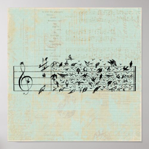 Birds  Music Staff Paper Vintage Aged Mint Green Poster