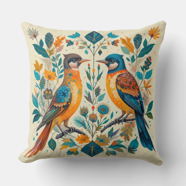 Birds Nature Scene with Geometric Elements Throw Pillow (Front)