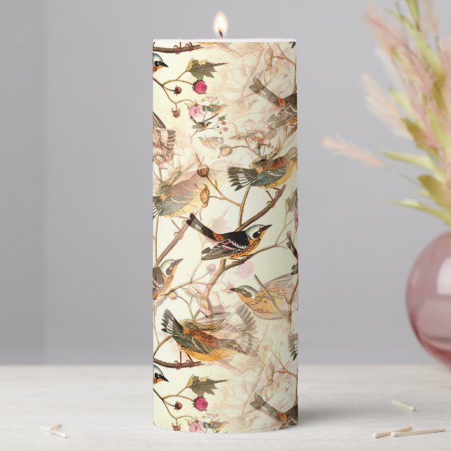 Birds,nature,vintage art  throw  flameless candle (In Situ)