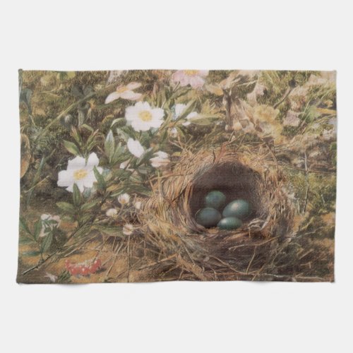 Birds Nest and Dog Roses by John William Hill Kitchen Towel