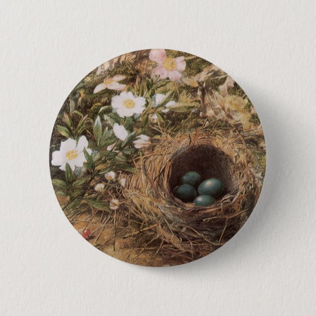 Bird's Nest and Dog Roses by John William Hill Pinback Button (Front)