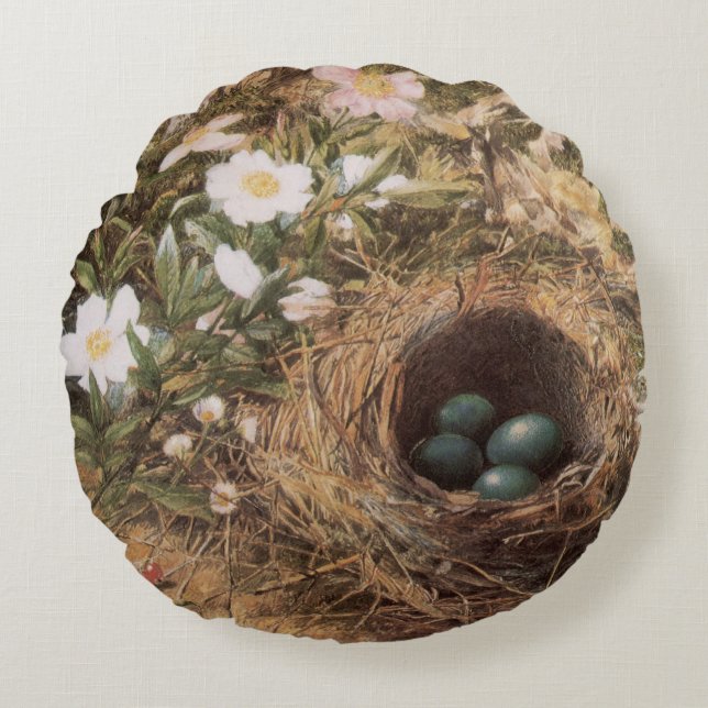 Bird's Nest and Dog Roses by John William Hill Round Pillow (Front)