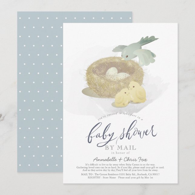 Bird's Nest Blue Boy Baby Shower by Mail Invitation (Front/Back)