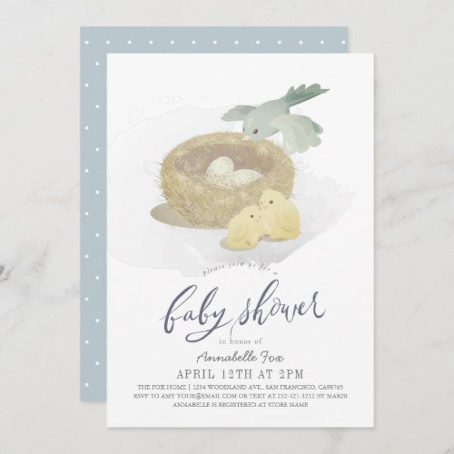 Birds Nest Blue Boy Baby Shower Invitation