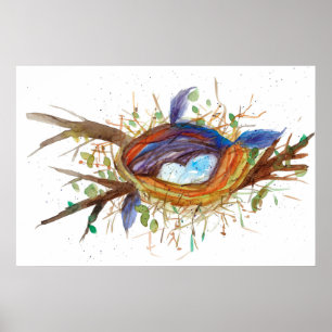 Birds Nest Eggs Feathers Tree Watercolor Poster