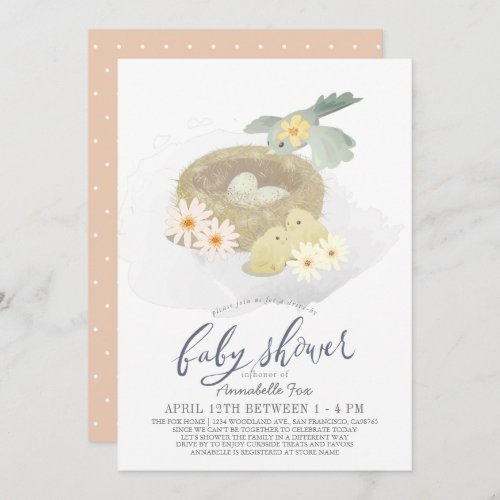 Birds Nest Floral Girl Drive_by Baby Shower Invitation