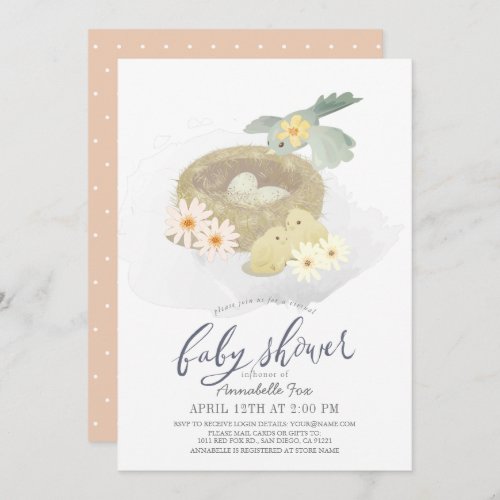 Birds Nest Floral Girl Virtual Baby Shower Invitation