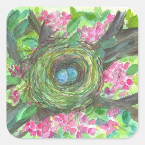 Birds Nest Robins Eggs Watercolor Blossoms Square Sticker