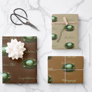 Bird's Nest With Blue Speckled Egg 3 Custom Texts Wrapping Paper Sheets
