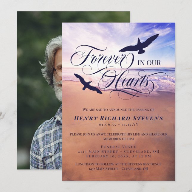 Birds Ocean Beach Forever In Our Hearts Invitation (Front/Back)