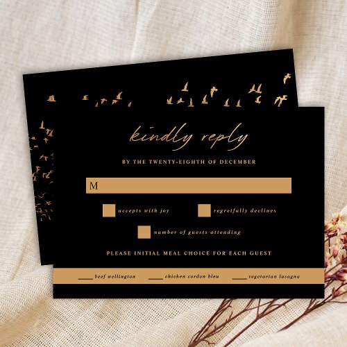 Birds of a Feather Gold and Black Wedding RSVP Card