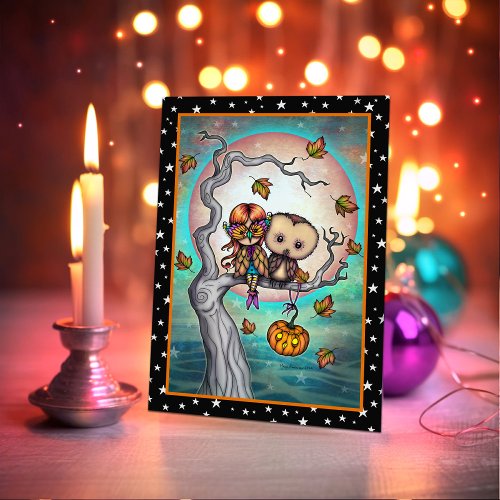 Birds of a Feather Halloween Owl and Girl Card