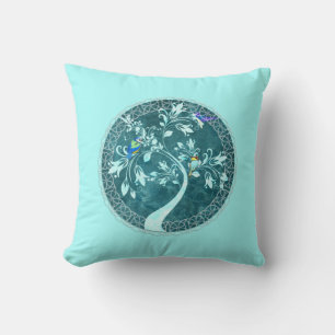 Birds on a Branch Aqua Blue Reversible Throw Pillow