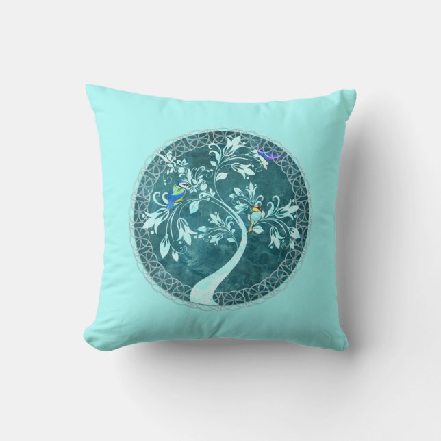 Birds on a Branch Aqua Blue Reversible  Throw Pillow (Front)