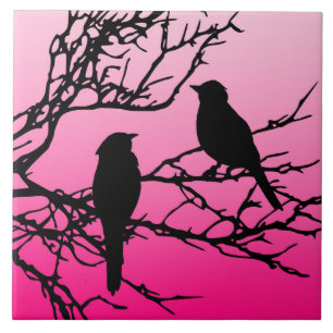 Birds on a Branch, Black Against Dawn Pink Ceramic Tile